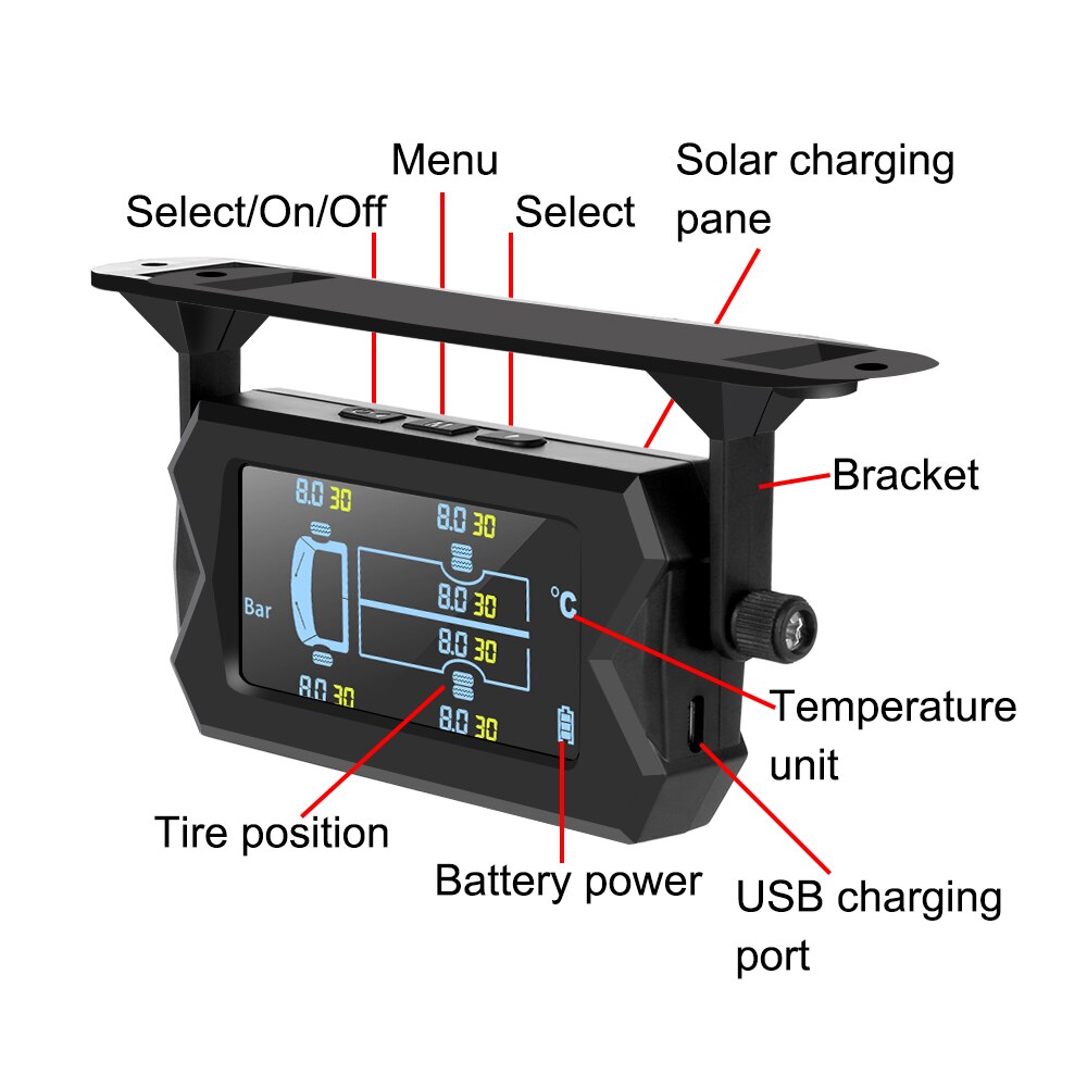 Auto Rv Truck Tpms Met 6 Externe Sensoren Draadloze Digitale Lcd Alarm Bandenspanningscontrolesysteem Solar Power &amp; Usb opladen