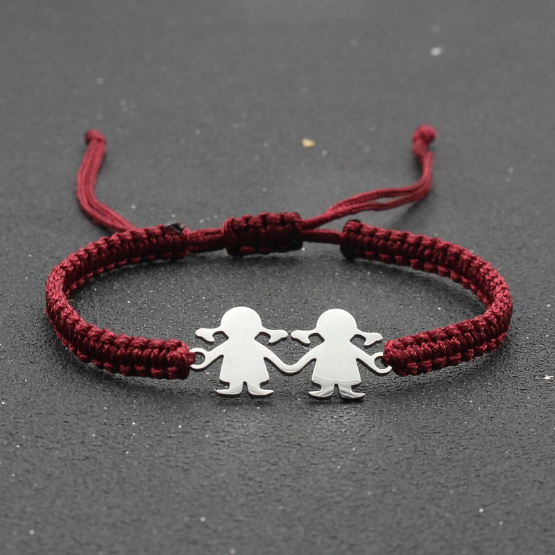 Stal nierdzewna śliczne Twin Little Girl Charm bransoletka czarna lina pleciona regulowane bransoletki dla kobiet biżuteria Mujer Pulsera: Red wine