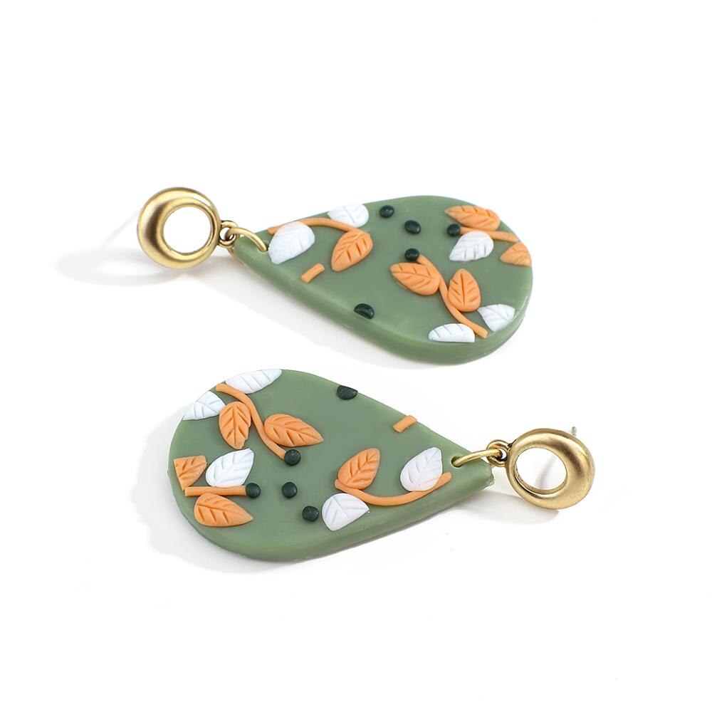 AMORCOME Unique Soft Polymer Clay Floral Dangle Earrings for Women Geometric Green Waterdrop Earrings Female Brincos