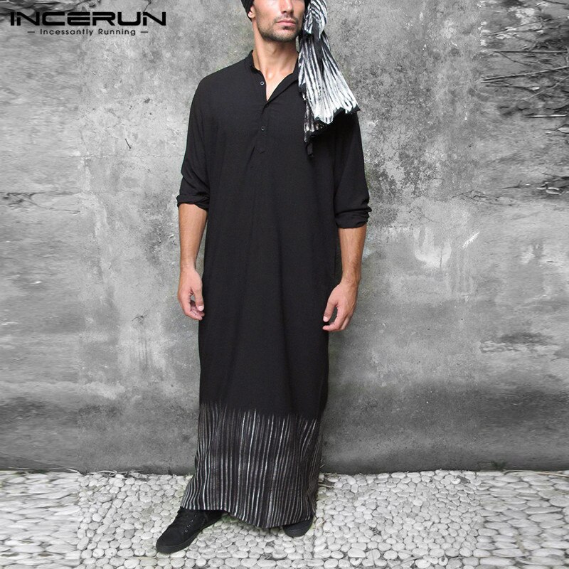 Incerun heren islamitische jubba thobe gestreepte bedrukte lange mouwen casual gewaden dubai islamitische arabische kaftan midden-oosten herenkleding