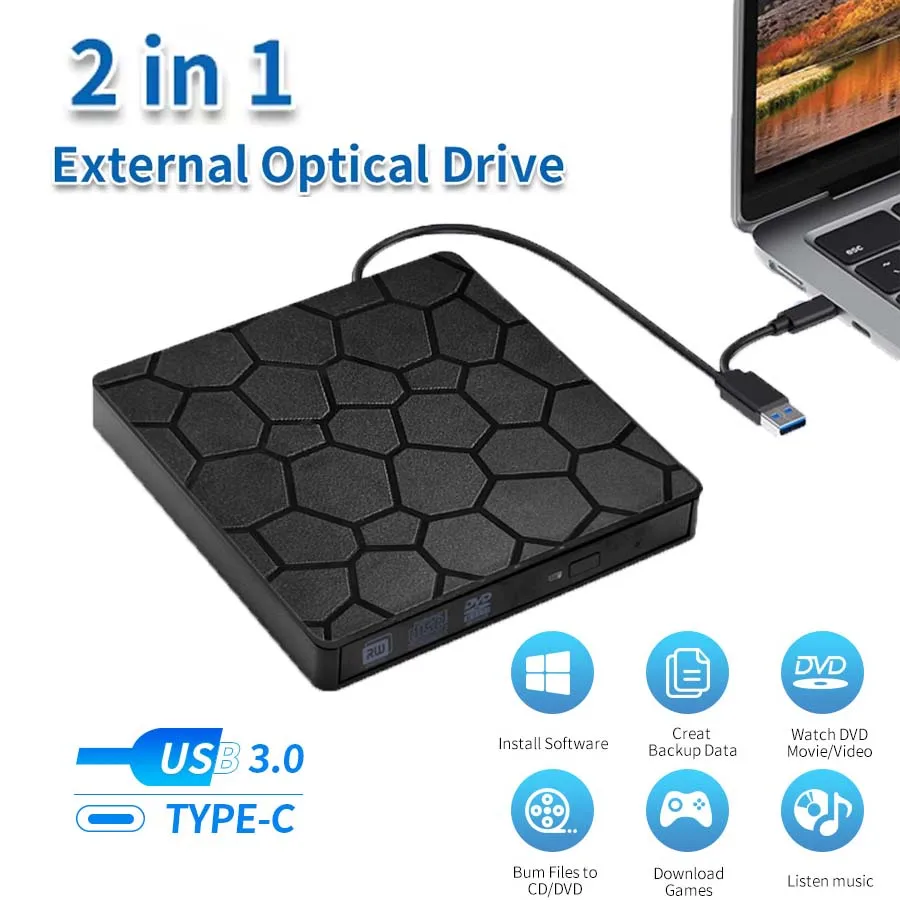 Grabador de DVD externo portátil 2 en 1 USB 3,0 tipo C VCD CD RW escritor lector unidad óptica para ordenador portátil PC Notebook