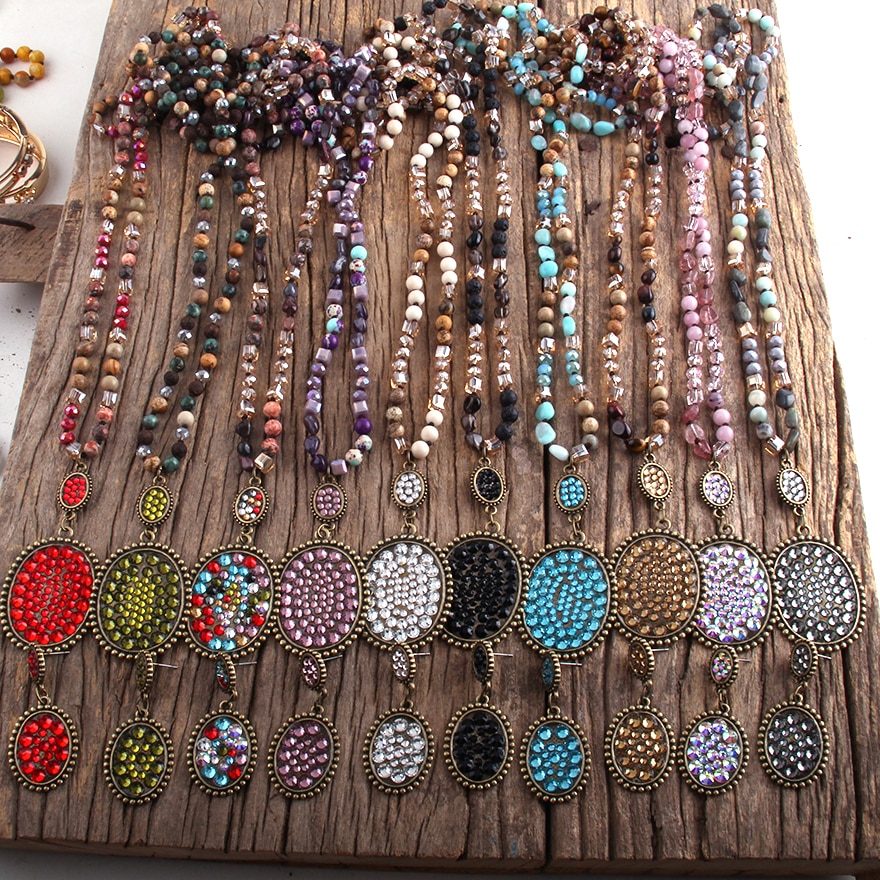 RH Boho Schmuck Set Semi Kostbare Stein & Glas Verknotet Pflastern Kristall Anhänger Halskette Ohrring Set Frauen