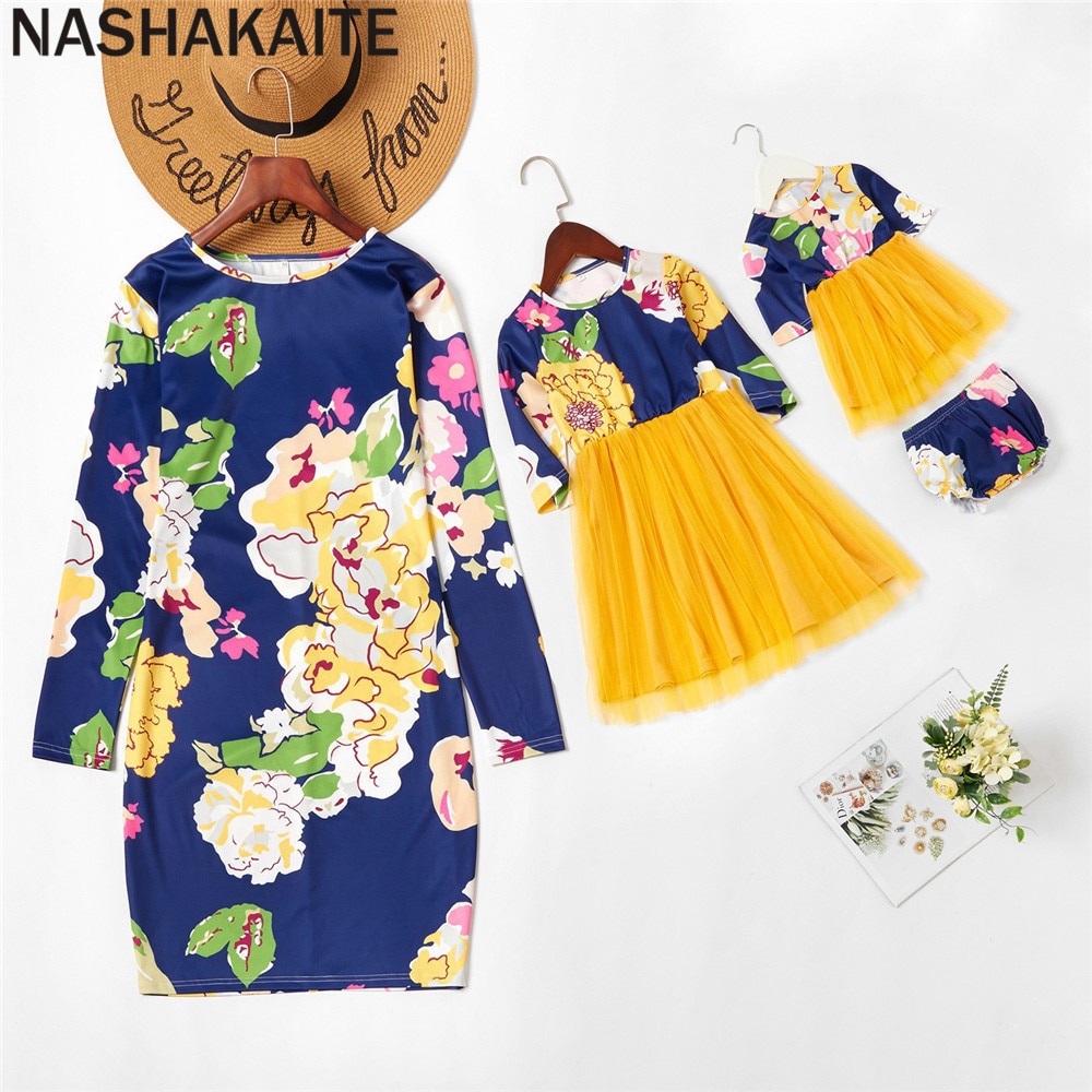 Nashakaite perhe matching vaatteet syksy naiset hip mekko tyttö prinsessa mekko äiti tytär mekot äiti ja minä vaatteet
