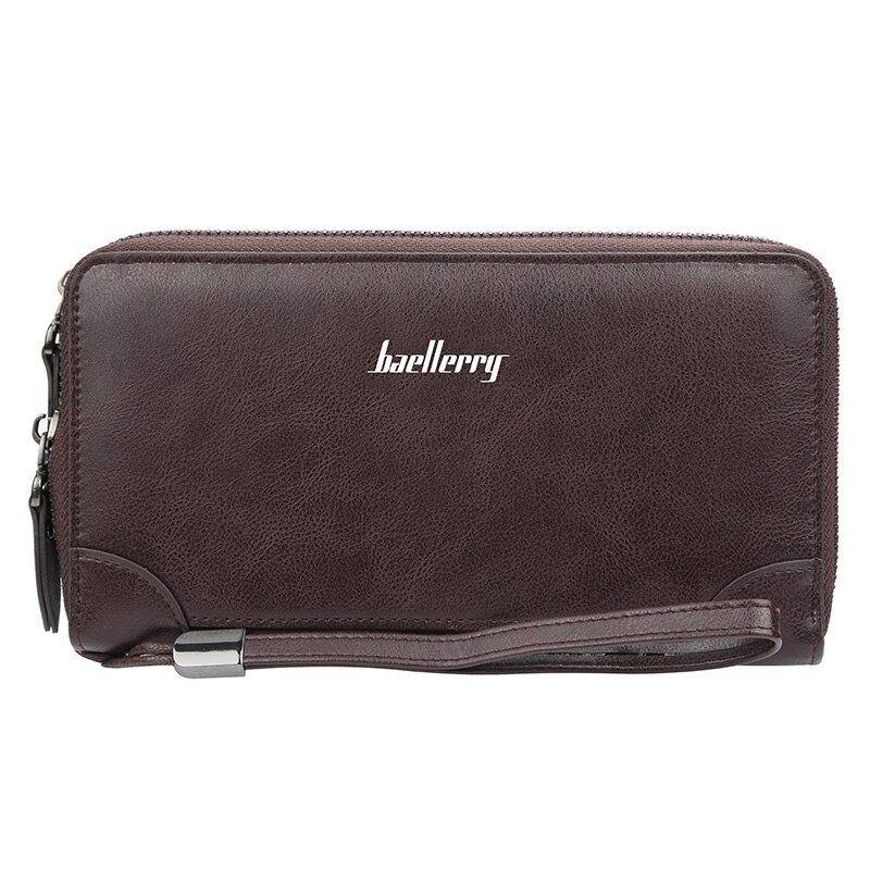 Baellery Long Wallet Men Double Zipper Coin Pocket Purse Men Wallets Casual Business Card Holder Vintage Large Wallet: Brown