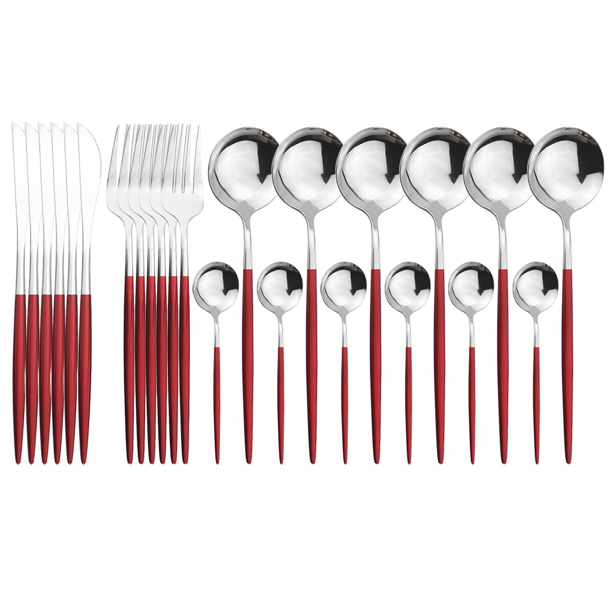24Pcs Green Silver Cutlery Set Stainless Steel Dinnerware Set Knives Forks Spoon Dinner Tableware Set Kitchen Party Flatware Set: Red Silver