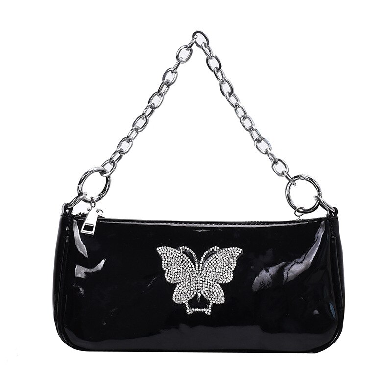 Vintage papillon perle chaîne femmes épaule bandoulière sacs diamant dames Baguette sacs à main sac d'aisselles soirée pochette sac à main: Black