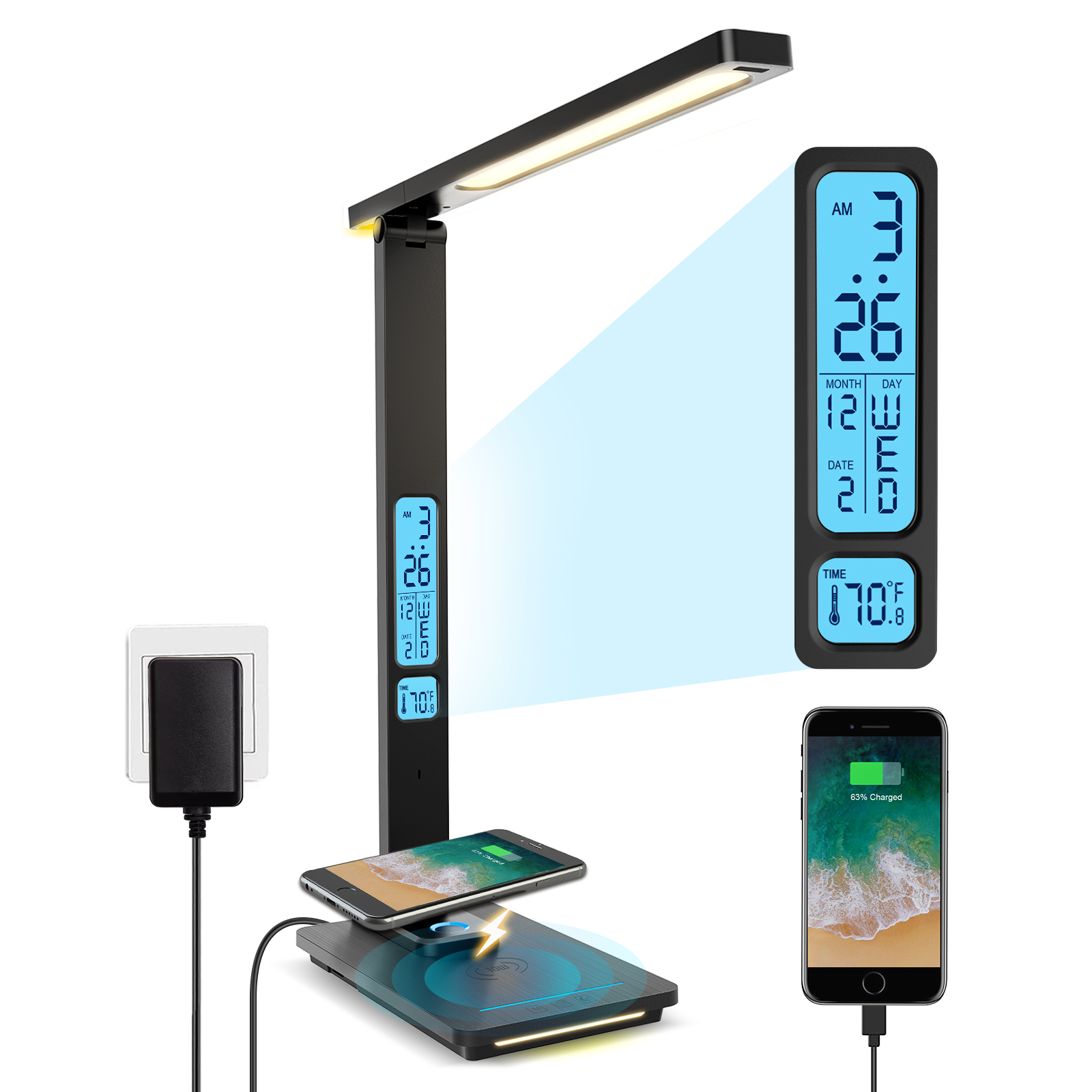 LAOPAO 10W QI charge sans fil LED lampe de bureau avec calendrier température réveil oeil protéger étude affaires lumière lampe de Table: S / Blue