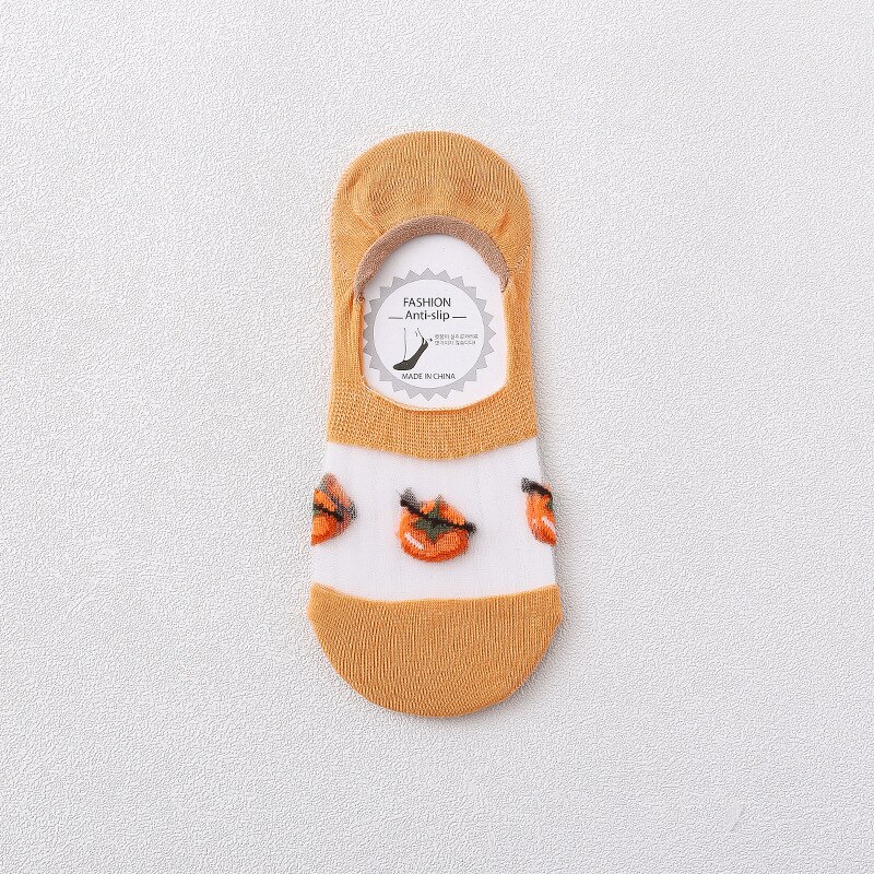 Crystal Silk Woman Socks Silicone Non-slip Invisible No Show Socks Fruit Print Summer Thin Breathable Low Cut Ankle Boat Socks: Orange