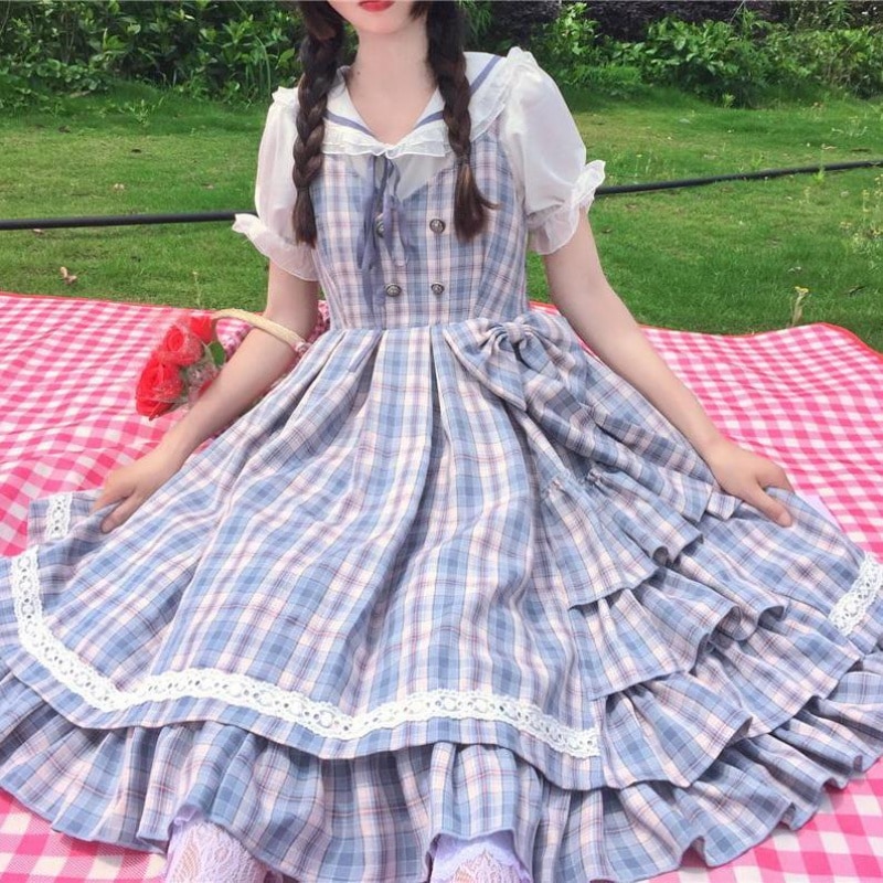 Vestido a cuadros estilo Lolita clásico para niños de 12 a 14 años, uniforme de Escuela Japonesa, ropa JK, Disfraces para