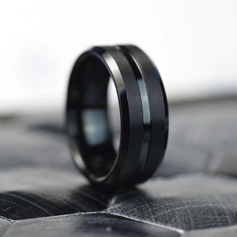 FDLK 8MM Men's Black Ring Thin Black Line Vintage Wedding Engagement Anniversary Ring Jewelry For Men