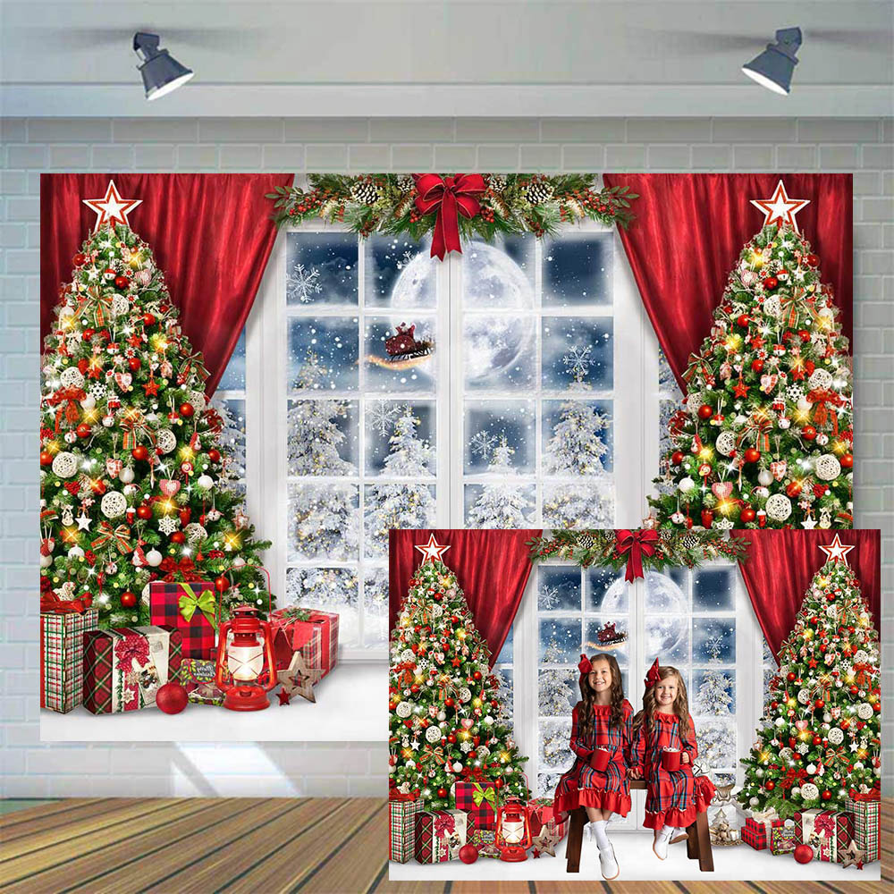 Mocsicka Kerst Achtergronden Voor Fotografie Xmas Tree Window Sneeuw Volle Maan Foto Achtergronden Kind Portret Schieten Studio Props