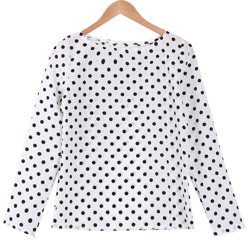 Women Spring Summer Tops Long Sleeve Polka Dot Chiffon Blouse Casual Shirts: White / L