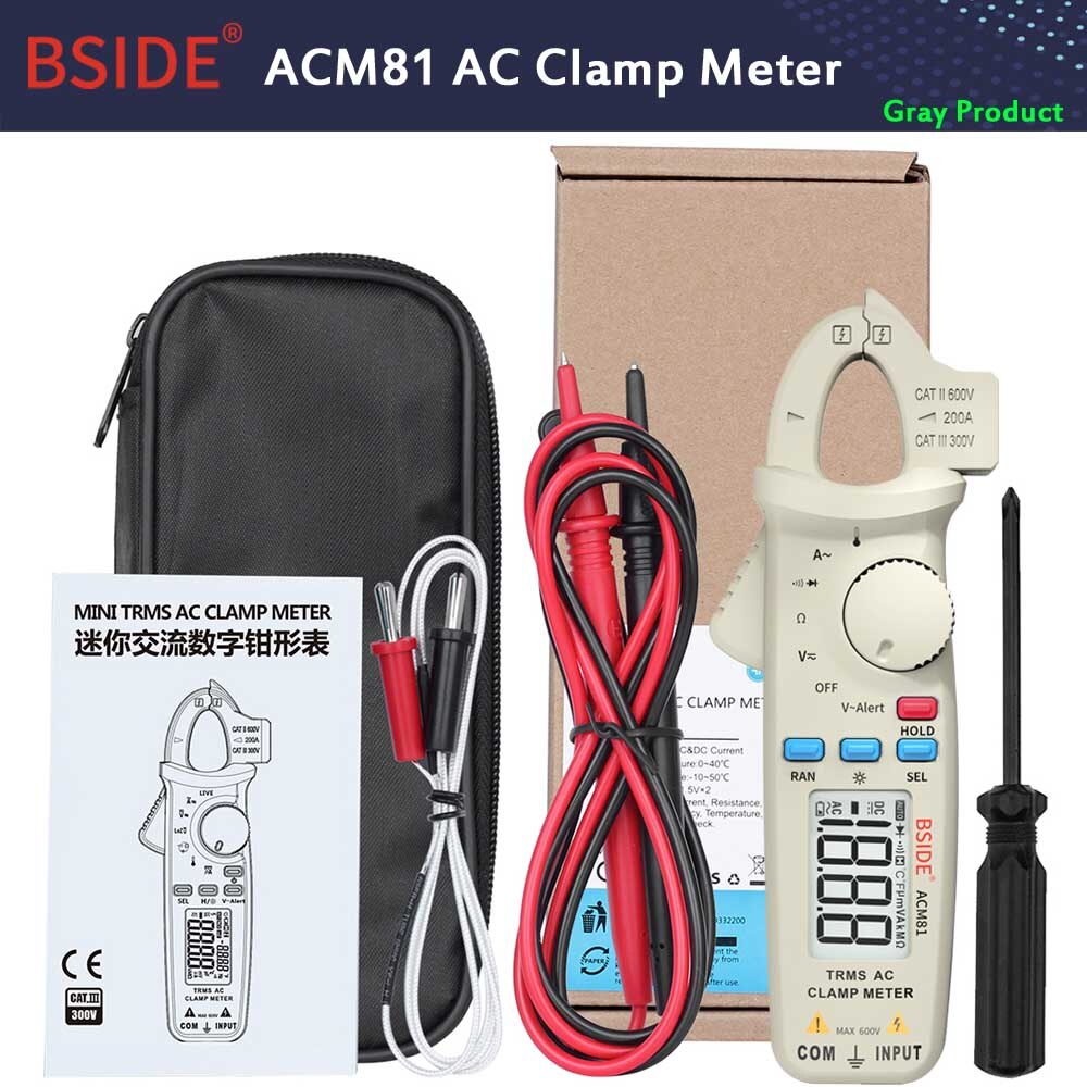 BSIDE ACM81 Clamp Meter 1mA Accuracy Auto-Rang Digital Multimeter Current DC AC Voltage Diode NCV Temperature Tester: ACM81-Gray