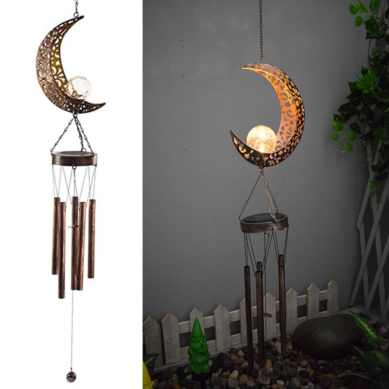 LED Solar Wind Chimes Light Outdoor Waterproof Hanging Aeolian bells Solar Lamp With Moon Star Sun Shape For Garden Party Decor: Moon