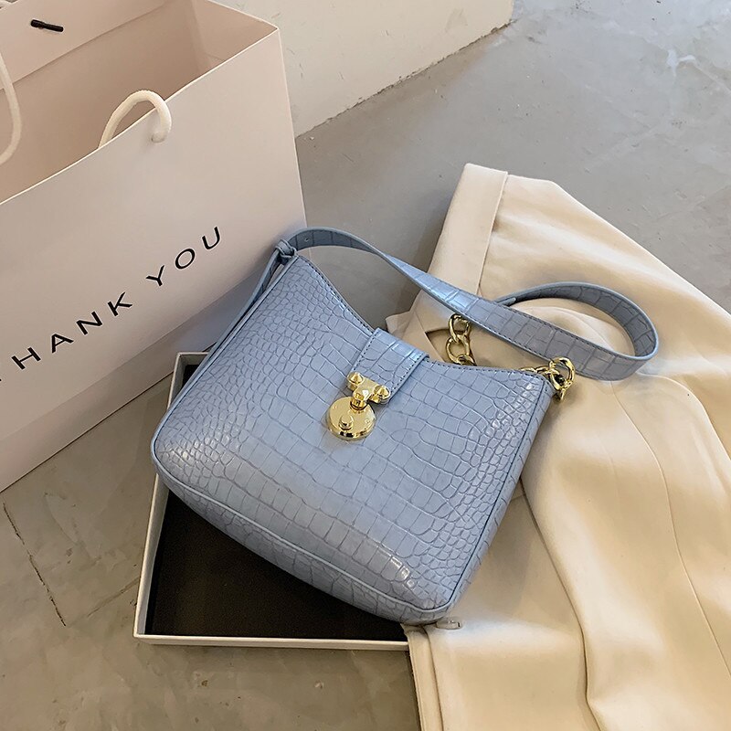 Alligator kvinder bucket taske klassisk blå famle skuldertasker sommer krokodille mønster dame crossbody messenger håndtaske: Blå