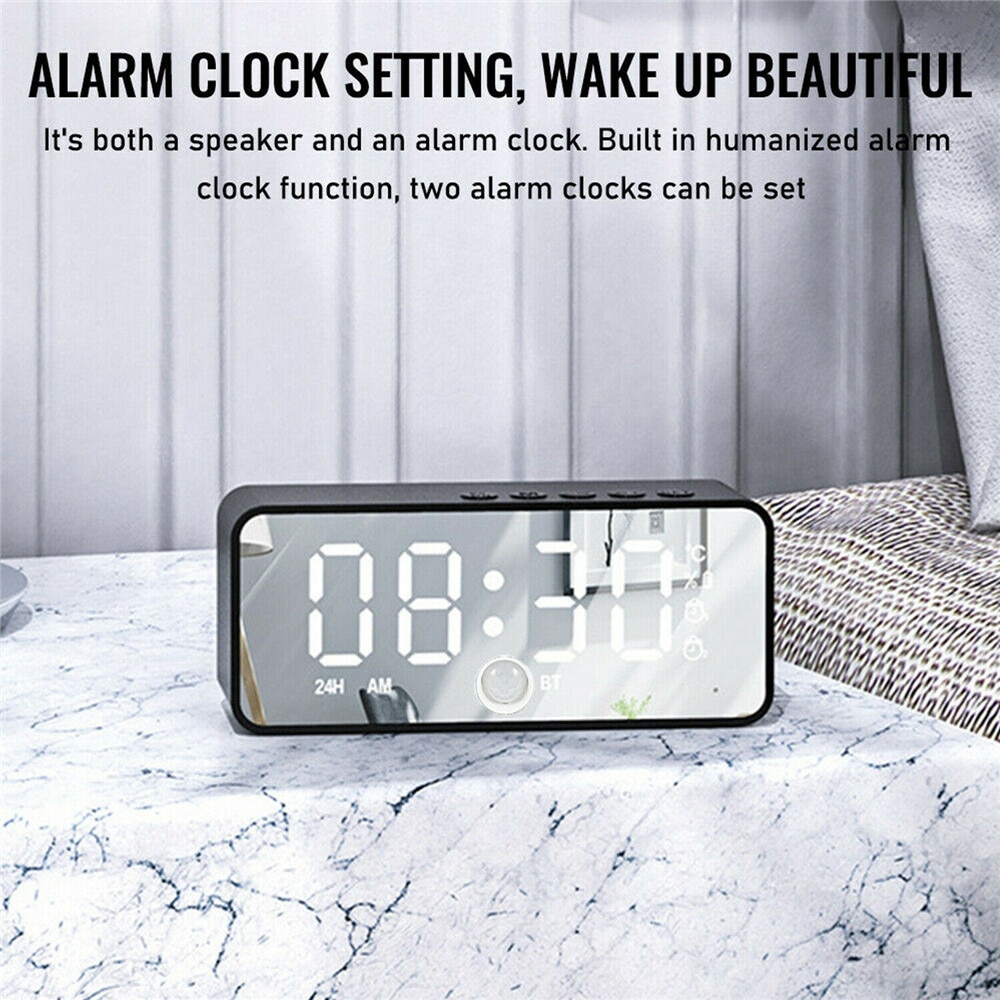 Led Mirror Alarm Clock Digital Snooze Table Clock Wake Up Light Temperature Display Home Decoration Wireless Bluetooth Speaker