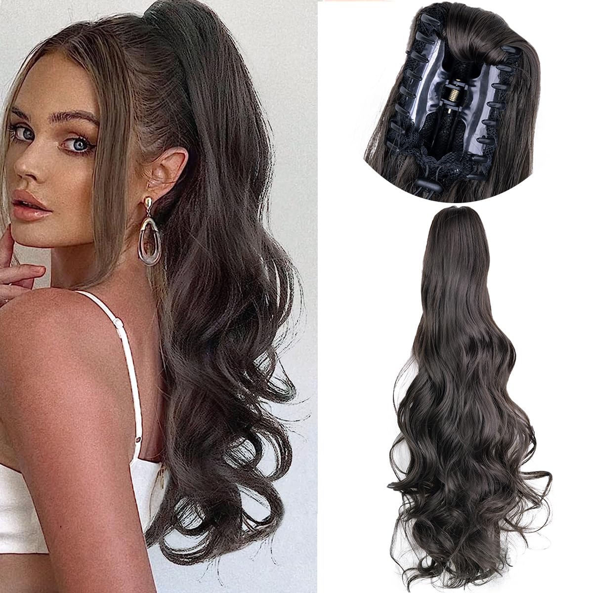 24inch Synthetic Multicolor Horsetail Extensions Very Long And Fluffy Wavy Heat Resistant For Women Curling Pieces: NC/4HL