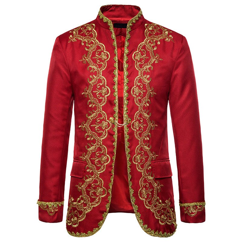 Men Red Blazer Gold Embroidery Baroque Mens Blazer Luxury Dress Blazers Men Performance Stage Palace Costume Men Blazer Hombre: red / European XXL