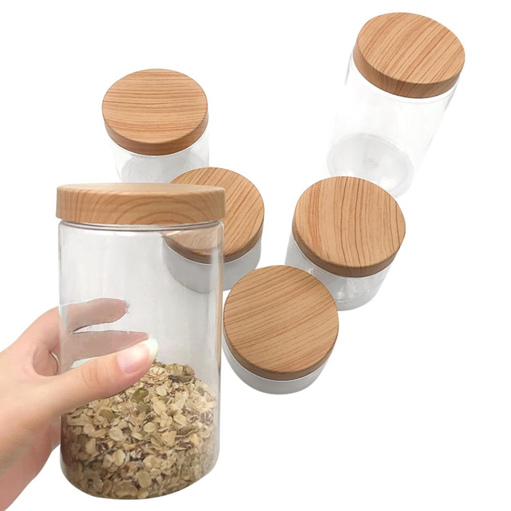 Transparent Vacuum Plastic Lid Container Wood Lid Airtight Canister Kitchen Storage Bottles Cereal Condiment Storage Container