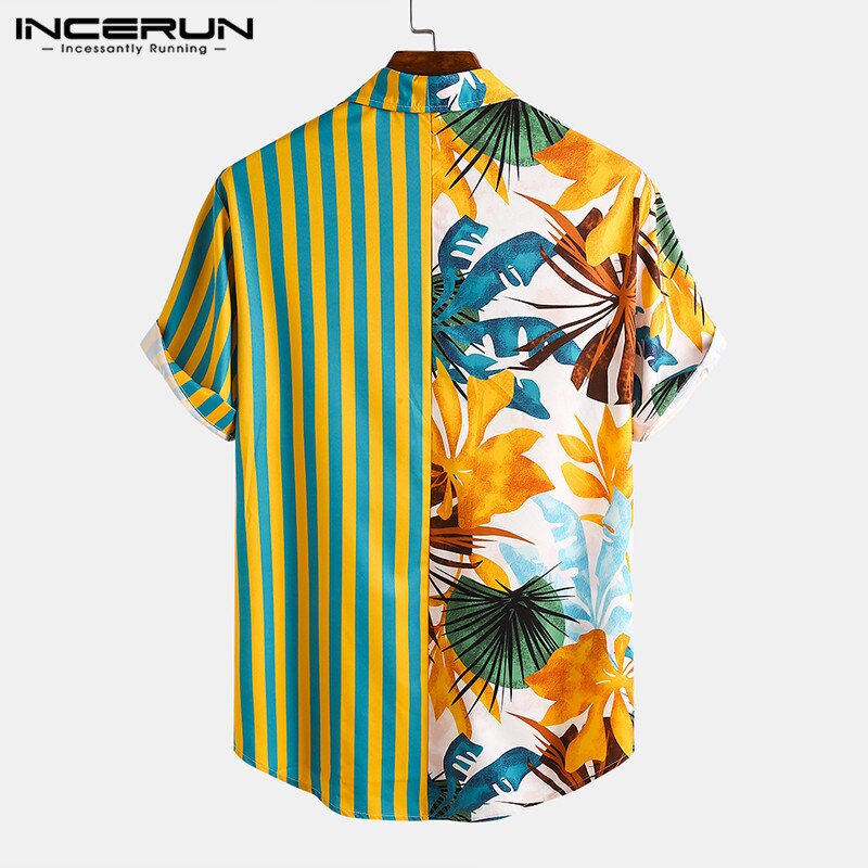Mænd etnisk printede skjorter kortærmede revers patchwork skjorte afslappet løs blød camisas sommer hawaiian blusas plus str.