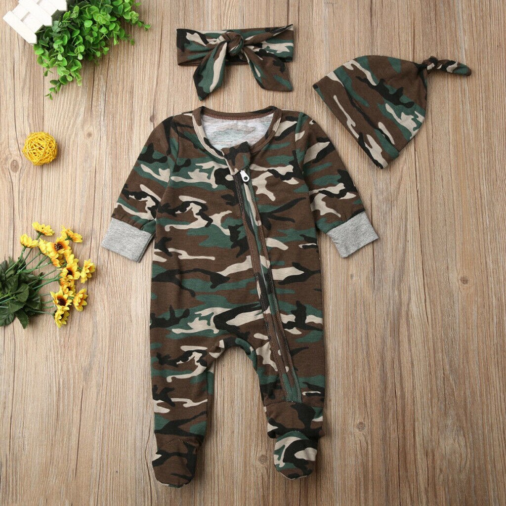 Newborn Baby Girls Boys Camouflage Romper Infant Cute Zipper Casual Jumpsuit Hairband Hat Set Toddler Long Sleeve Cotton Clothes