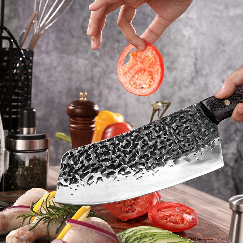 Hand Forged Hammer Pattern Kitchen Knife Chinese Style Kitchen 5Cr15 Stainless Steel Chop and Slice Knife Sharp Kitchen Knife