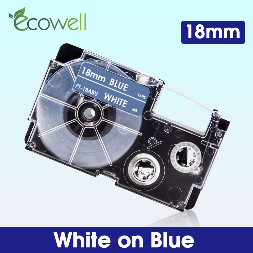 Ecowell 18Colors Compatible Casio XR-18WE XR-18X XR-18RD XR-18BU XR-18YW XR-18GN label tape for Casio KL-750 120 EZ Label Maker: White on Blue