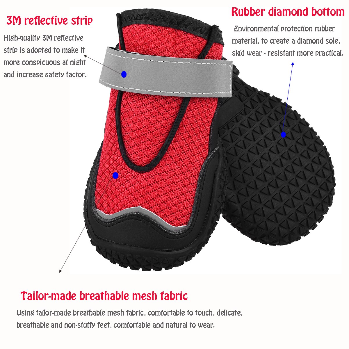 4PCS Red Dog Shoes Anti-slip soft Reflective Straps Four seasons shoes Suitable for small and large dogs Breathable Net shoes