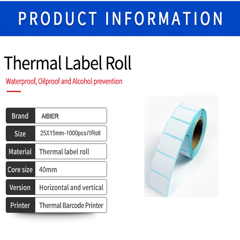 Etykieta termiczna AIBIER naklejka z kodem kreskowym 40mm rdzeń 1 rolka 25mm X 15mm-1000 szczyt termiczny klej robić papieru naklejki zebra Godex kompatybilny
