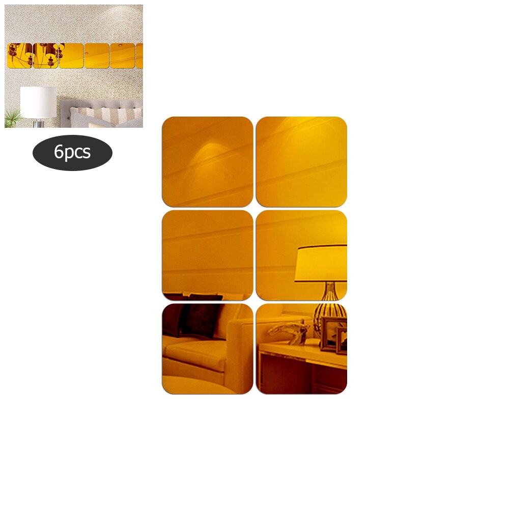 6Pcs Square Mirror Tile Wall Stickers Self-Adhesive 3D Decal Home Decorations DIY Mirror Tiles Stickers For Living Room: Gold