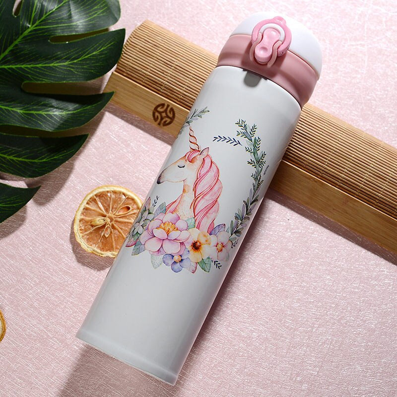 500ML Flamingo Pattern Thermocup Bouncing Cover Bottle Vacuum flask Thermal Mug Travel Thermos Cup Stainless Steel: 350ml / unicorn