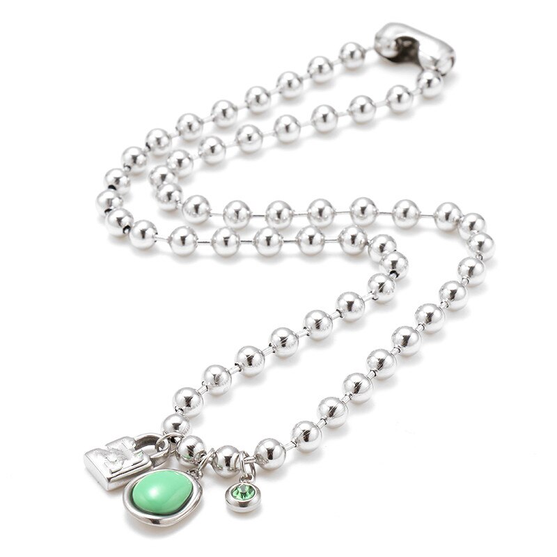 Conjunto de joyería para hombres y mujeres, pulsera de cuentas de 6mm con llave de bloqueo de corazones rosas, Color plata, oro y acero inoxidable, 50 redondos: Green Necklace