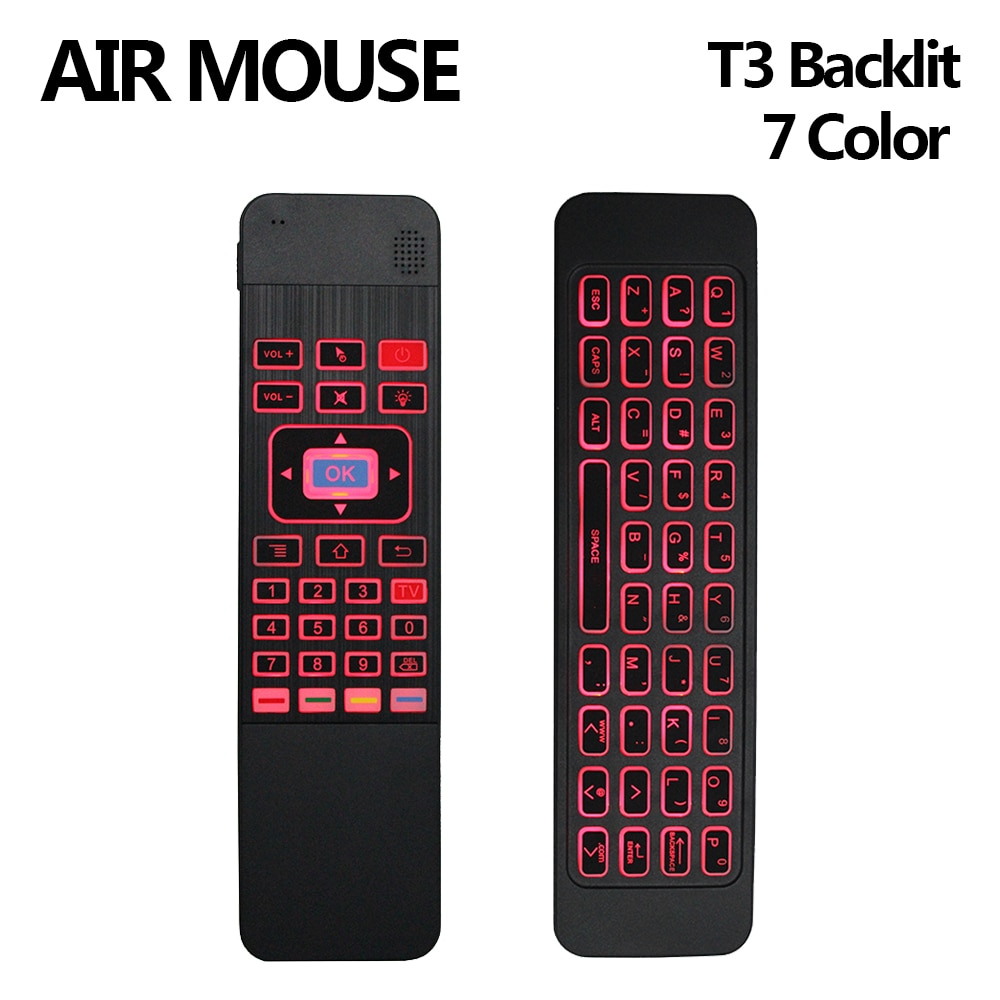 T3 6-Assige Gyro AirMouse 2.4G Draadloze 7 Kleur Backlit Smart RemoteControl met Qwerty-toetsenbord voor X96 H96 pro AM6 Android TV Box