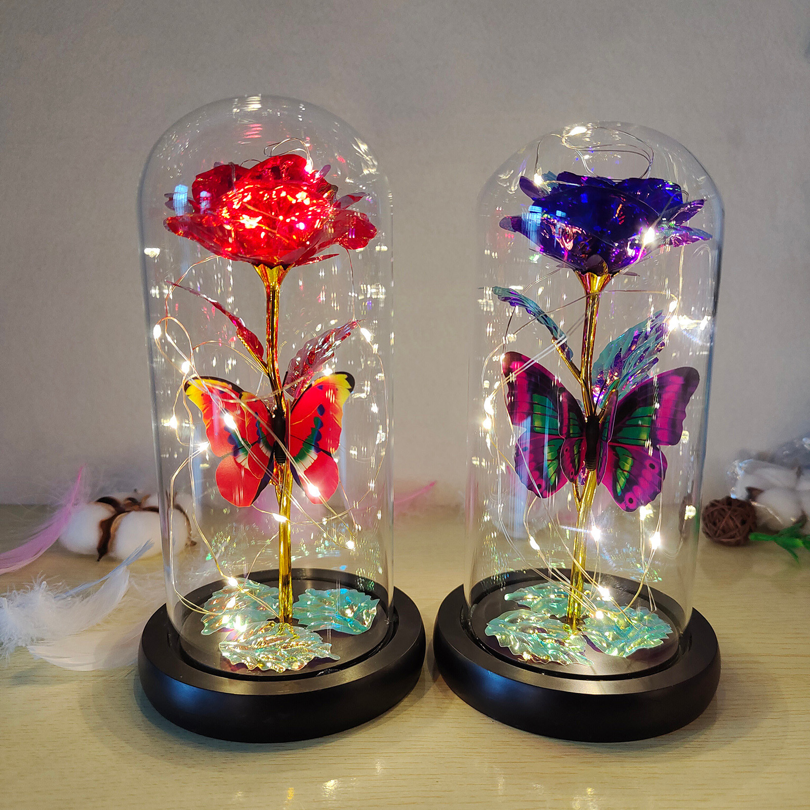 Roze Licht Kunstmatige Galaxy Rose Lamp Met Vlinder En Kleurrijke Led Rozenbloemen In Glazen Batterij Aangedreven Voor Vrouwen