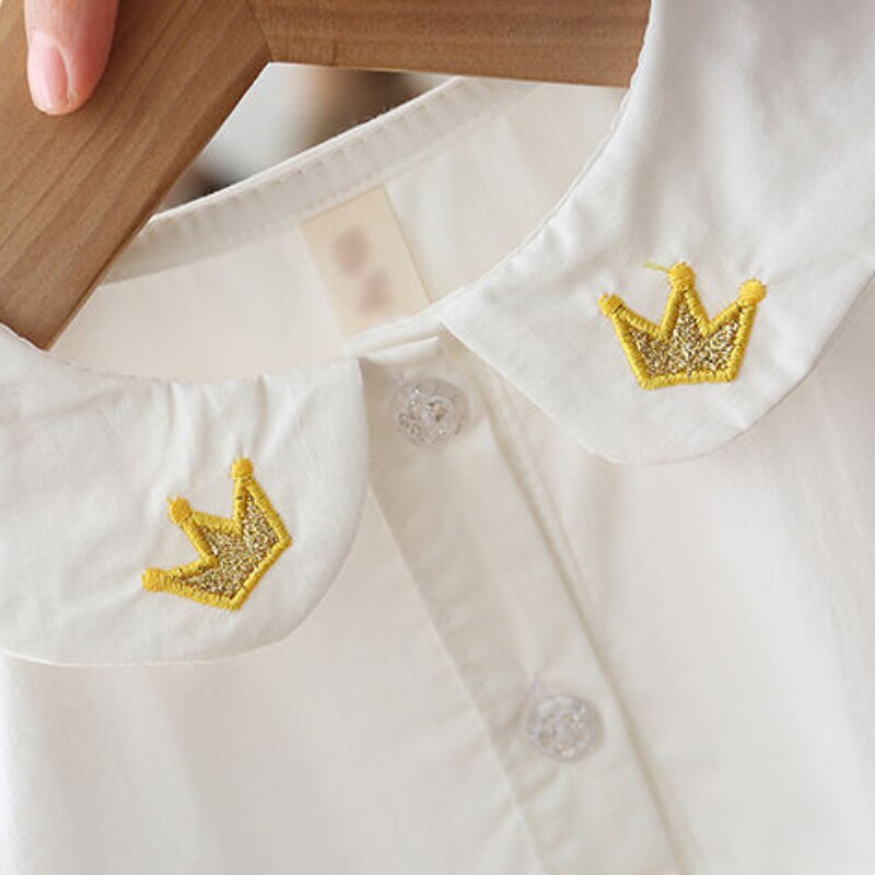 Shirt Spring Baby Girls Pure Color Cotton Blouse Lnfant Crown Pattern Embroidery Round Collar Cute Comfortable Full Sleeve