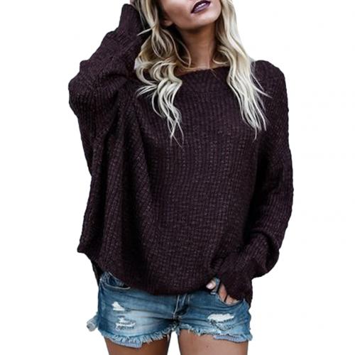 Damebluse efterår vinter ensfarvet langærmet off shoulder strikket løs sweater dame rullekrave: Rødvin / Xl