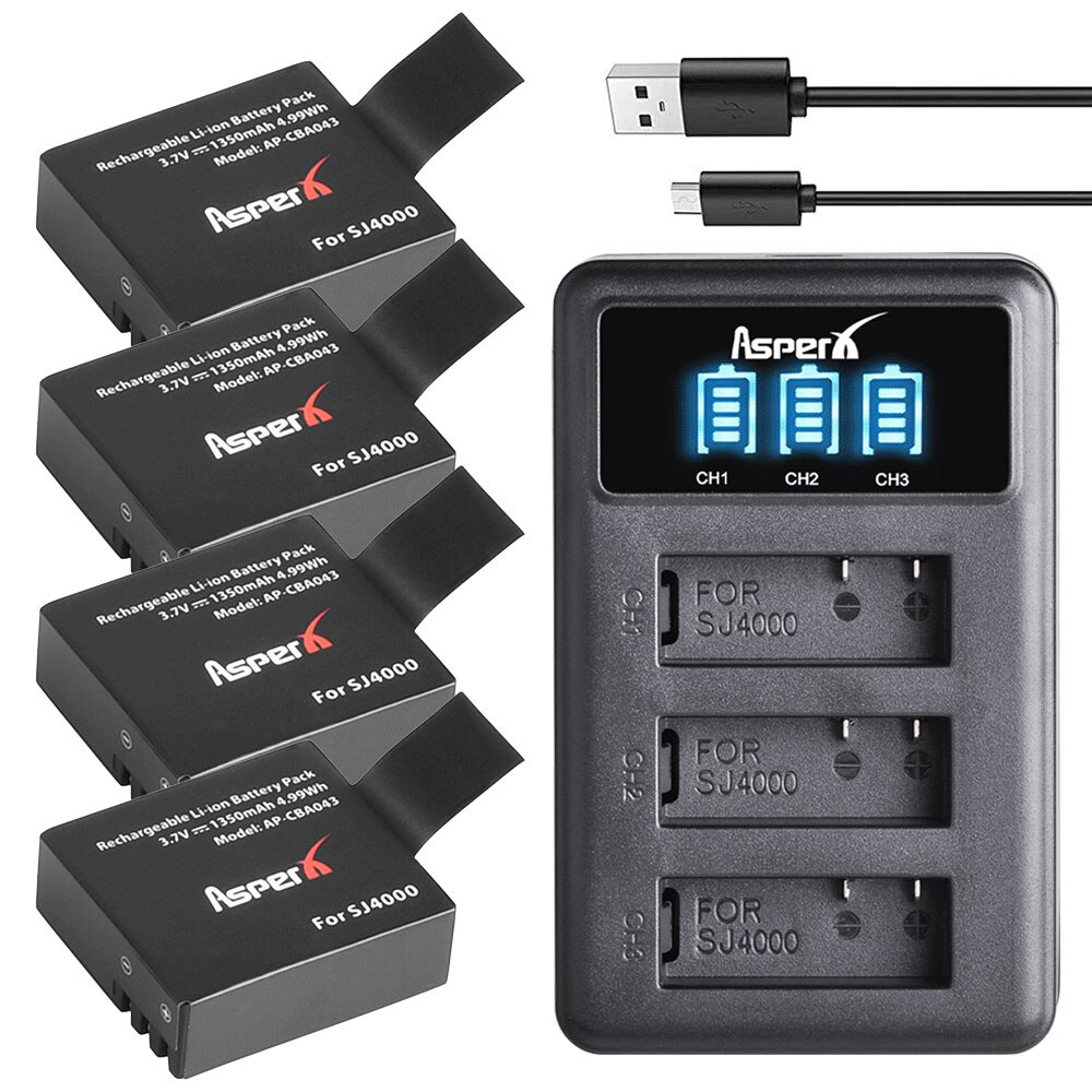 1350mAh PG1050 SJ4000 batería con cargador para SJCAM SJ4000WIFI SJ5000 SJ6000 Sj5000 WIFI M10 SJ7000 SJ8000 SJ9000 EKEN H8 H8R: Charger and 4Battery