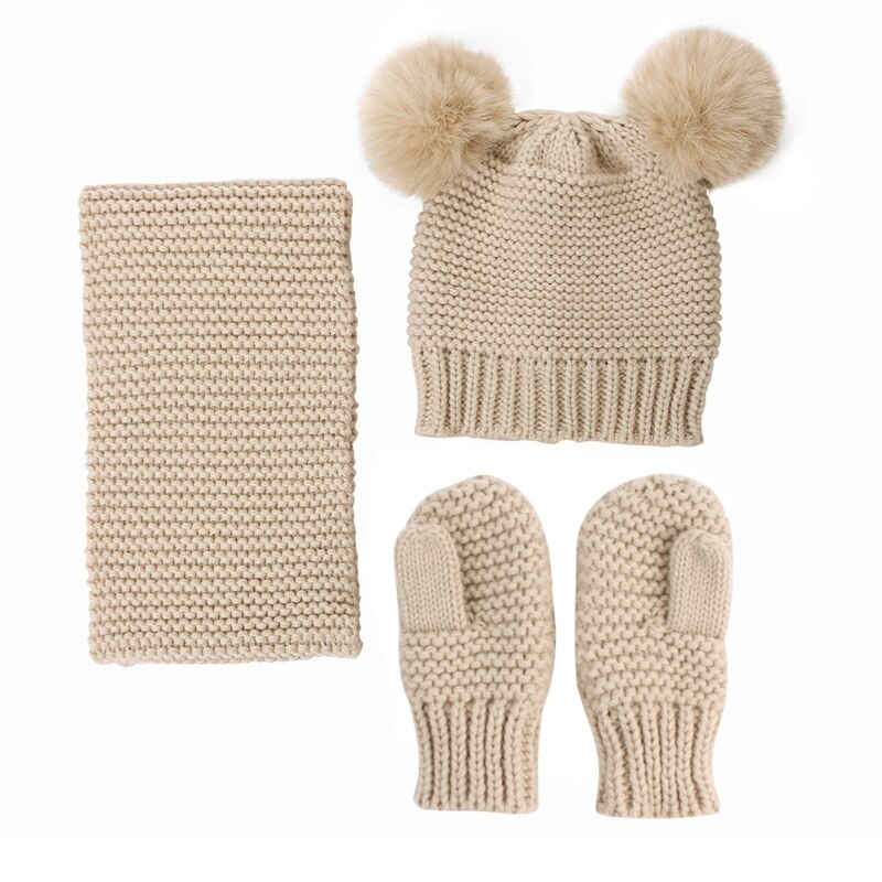 Baby børn vinter hat tørklæde og handsker 3 stk / sæt piger strikket varm beanie cap med halstørklæde cirkel loop tørklæde hæklet hat: Beige