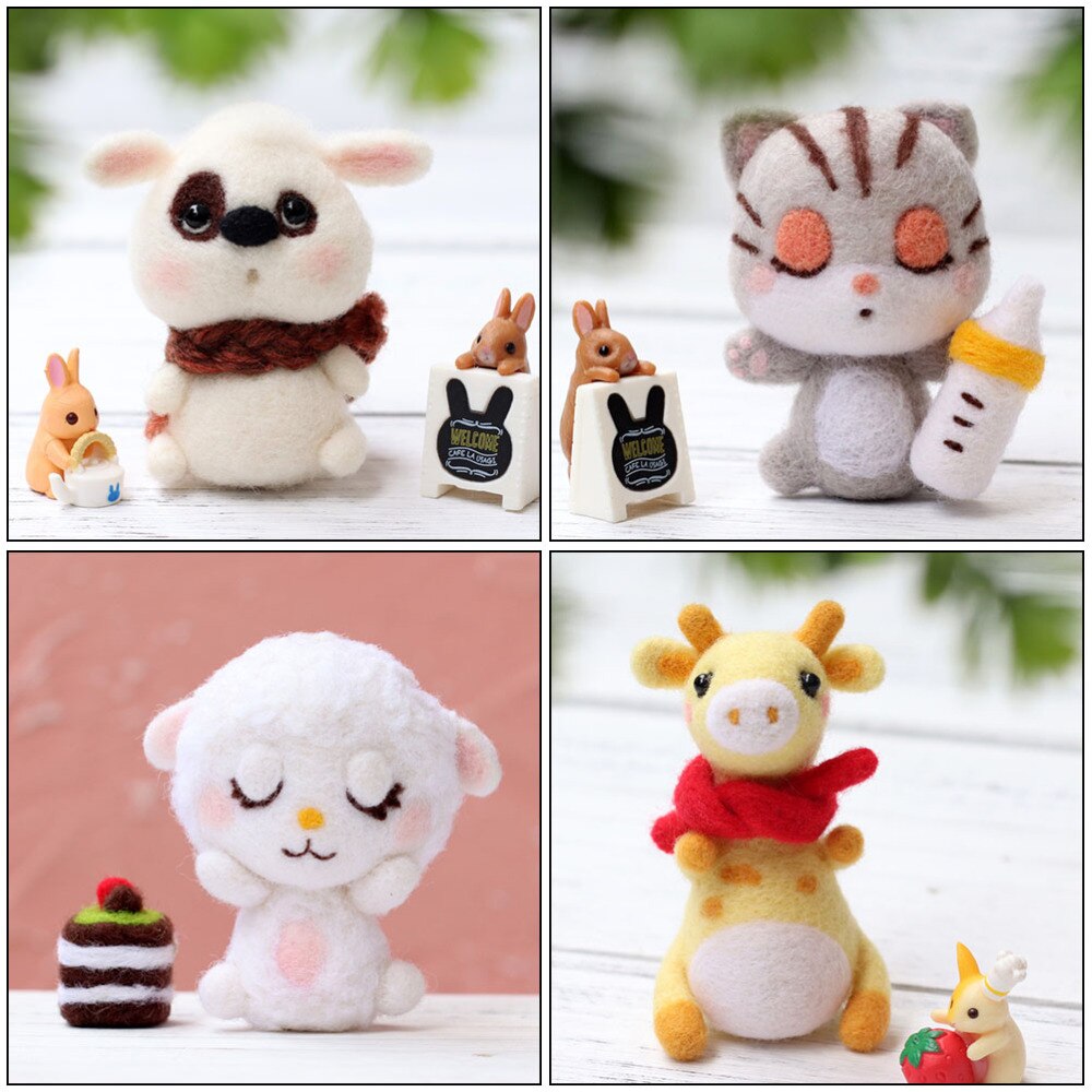4 Sets Wool Felting Animals Kit DIY Non Finished Handcraft Material