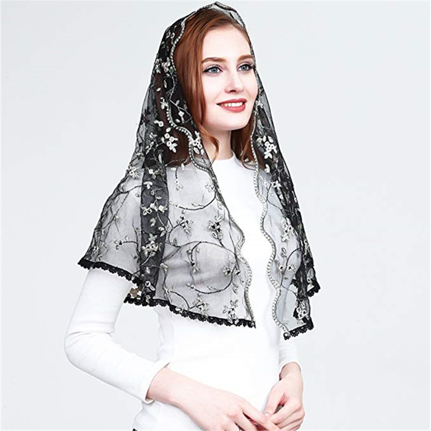Embroided Floral Lace Catholic Veil Mantilla for Church Head Covering Latin Mass Chapel mantilla negra velo negra Voile mantille