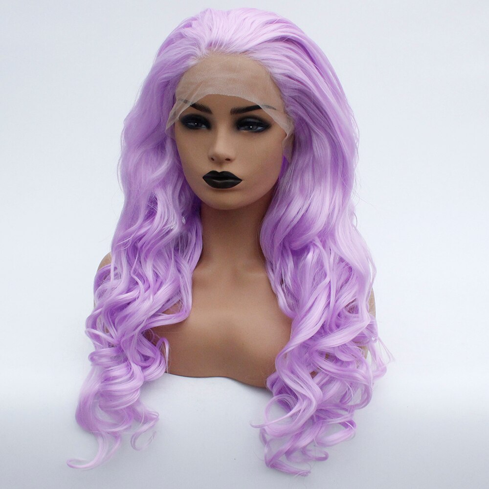 Violet Long Loose Wavy Lace Front Wig Synthetic Hair Light Purple Glueless Body Wave Wig for Women Lavender Heat Resistant Fiber