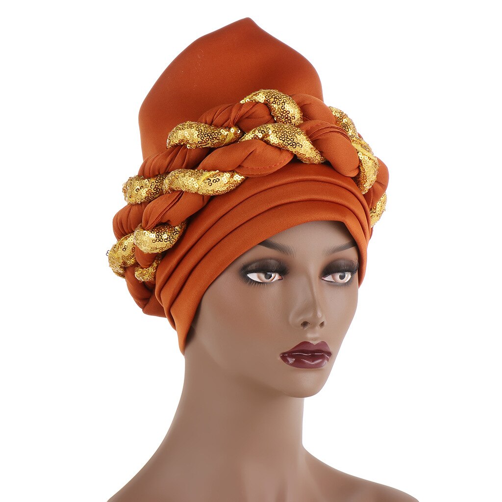 Couvre-chef africain en paillettes pour femmes, Turban, Bonnet musulman, prêt à porter, Hijab, chapeau de mariage: coffee