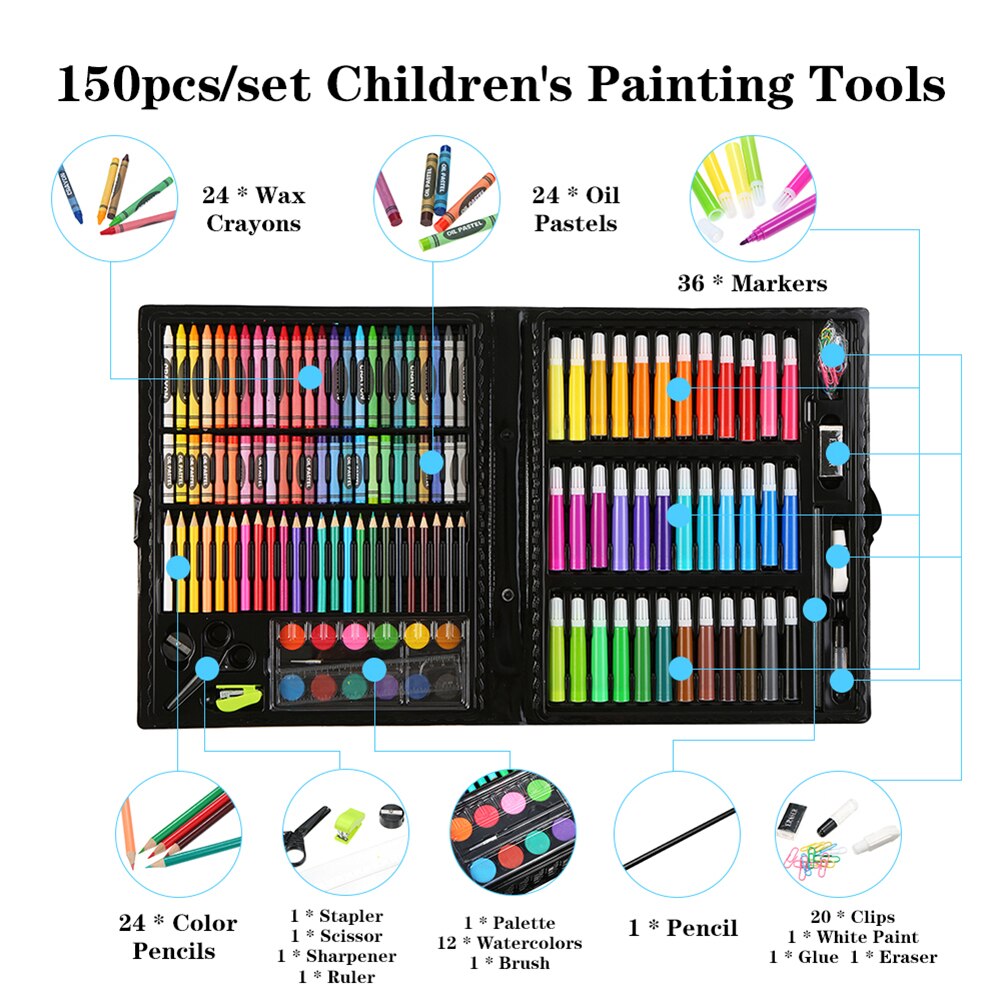150Pcs Kids Art Drawing Set Drawing Pencil Set Drawing Painting Tool Marker Pens Wax Crayon Oil Pastel Painting Set Kids