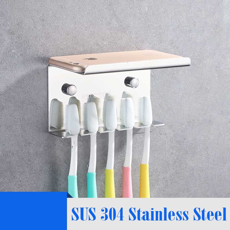MEIFUJU Black Bathroom Shelves SUS304 Stainless Steel Toothbrush Holder with shelf phone Dish Wall-mounted Bathroom Accessories: Chrome