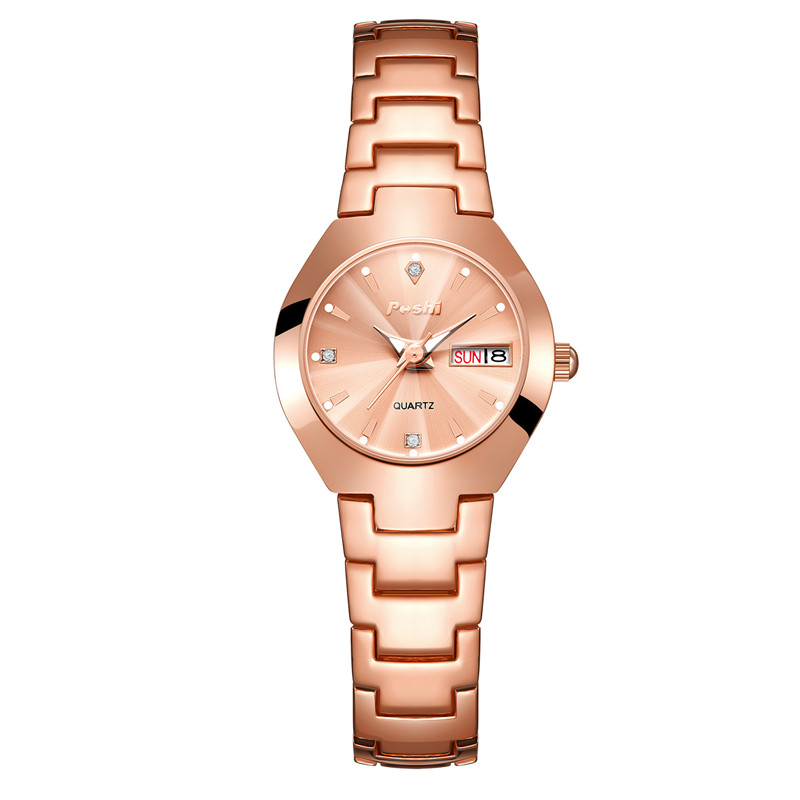 Swiss poshi women's watch, stainless steel, simple, waterproof, luminous with date, week, quartz watch, elegant bracelet as: Rose