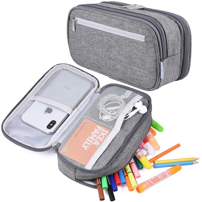 Estuches de lápices de gran capacidad de nailon, caja de bolígrafos para niñas y niños, Kawaii, bolsa de almacenamiento multifunción de Color sólido, papelería para estudiantes: Gray