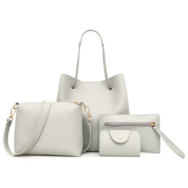 4PCs/set Women's Bag Solid Shoulder Bag Top-Handle Big Capacity Female Handbag Shoulder Bag Ladies PU Crossbody: Gray