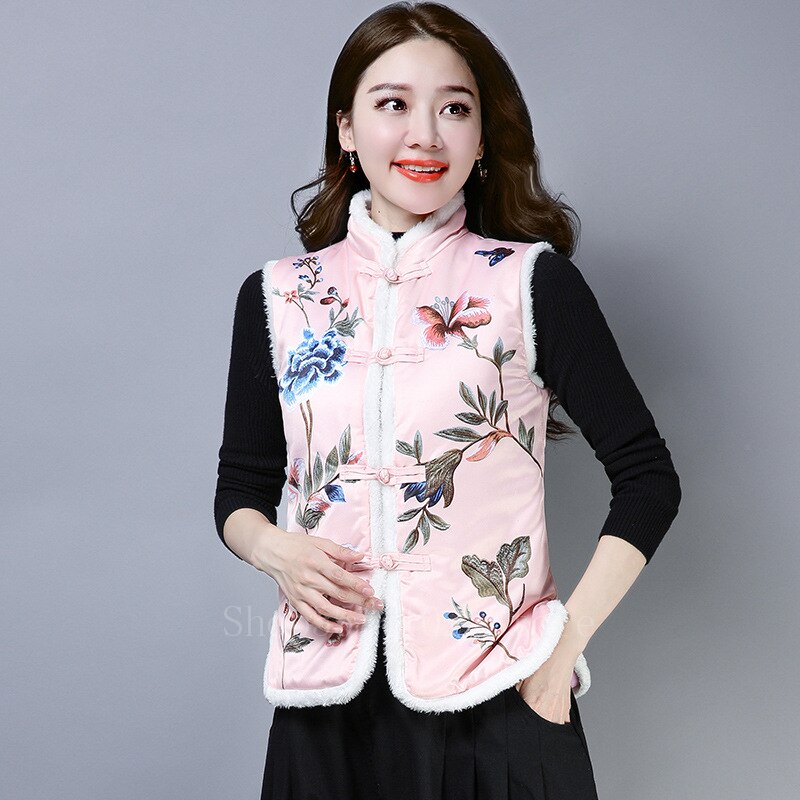 Jaar Vrouwen Chinese Traditionele Vest Retro Winter Borduren Bloemen Tang Past China Oriental Satijn Etnische Jassen Tops: Pink / 2XL
