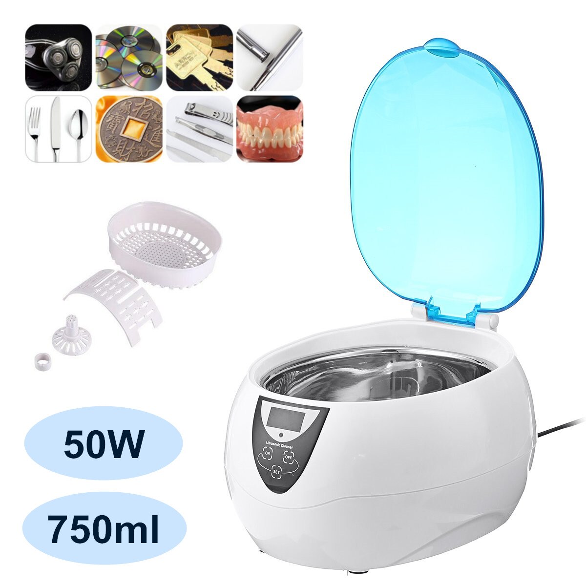750ml Ultrasonic Cleaner Bath Timer for Jewelry Parts Glasses Manicure Stones Cutters Dental Razor Brush Ultrasound Sonic 50W