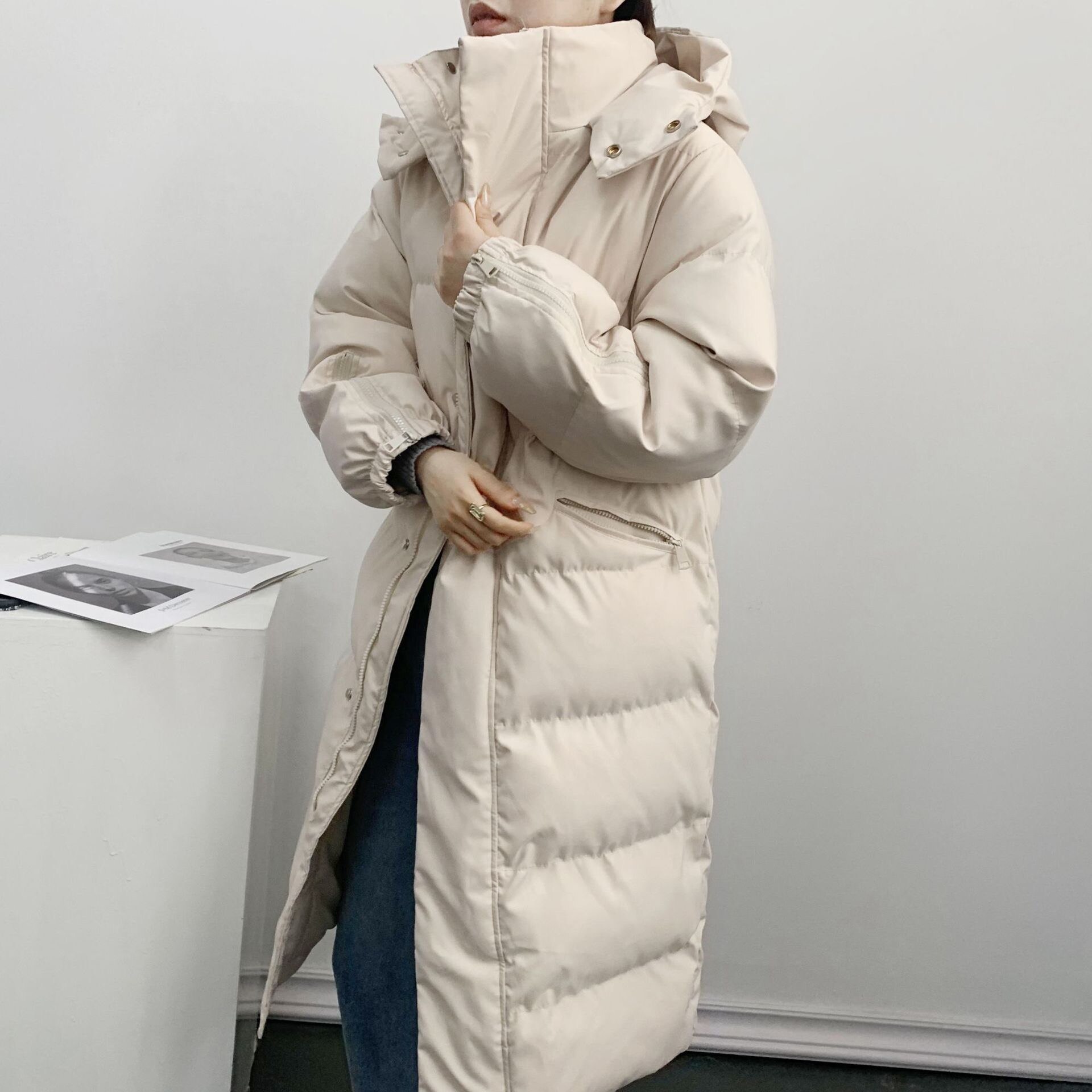 autumn and winter Korean down padded jacket loose and thick super long parker padded jacket: Beige / L